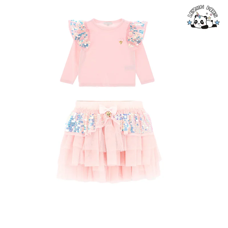 LEZONKIDS - Conjuntos de Roupas para Meninas com Estilo Americano Fashion, Top e Saia com Lantejoulas e Rede